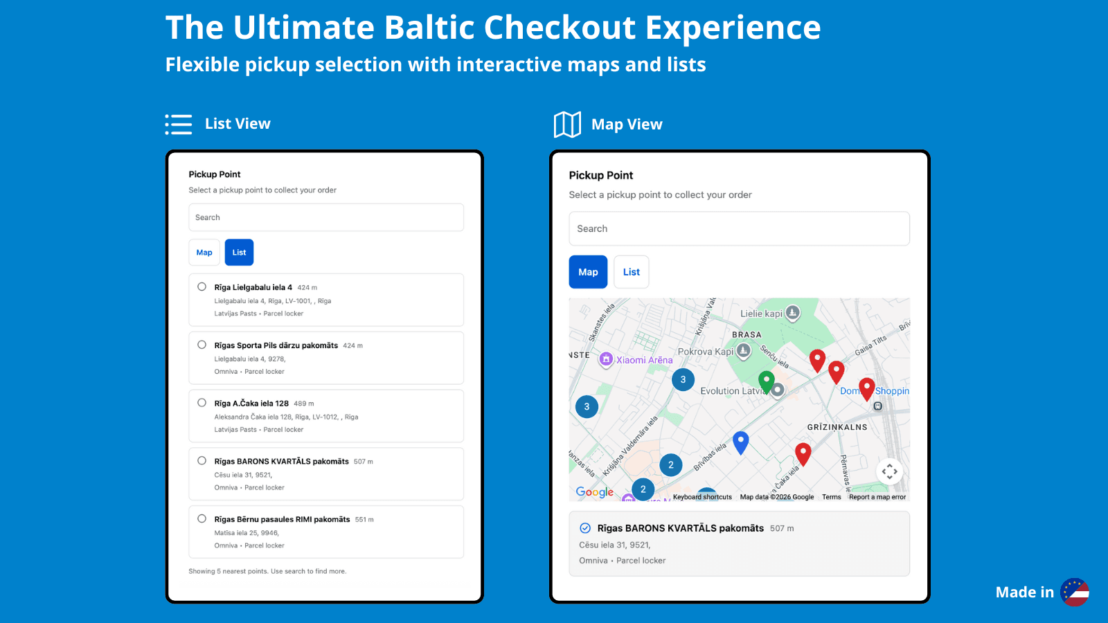 Baltix main feature: list or map view of pickup points