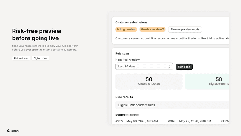 Preview scan showing eligible orders before returns go live