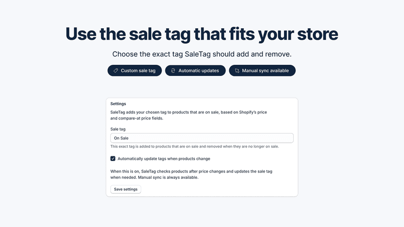 SaleTag settings for choosing a custom sale tag