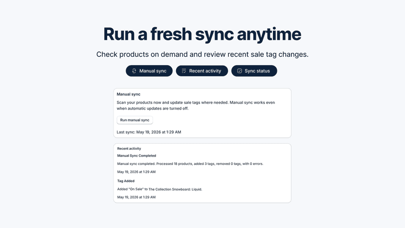 SaleTag manual sync and recent activity dashboard