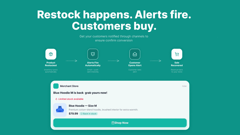 Restockly alert workflow and push notification preview banner