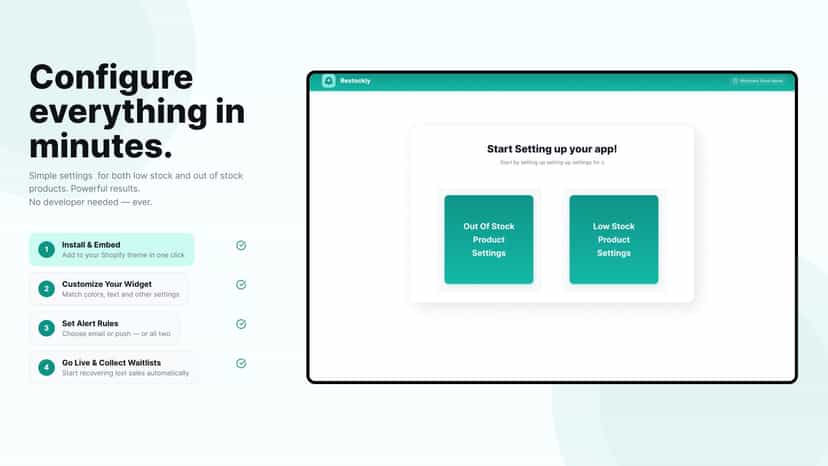 Restockly dashboard showing simple setup and configurations