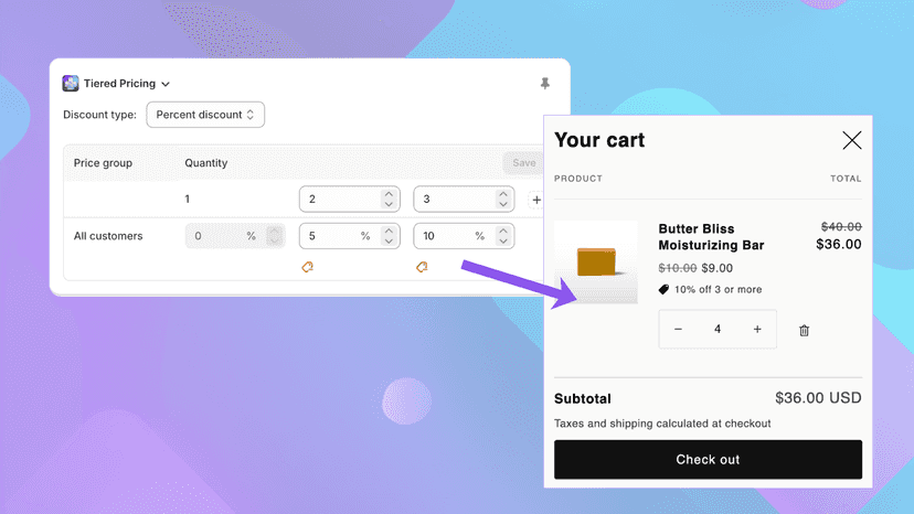 Screenshot of Tiered Pricing in the Admin and resulting cart UI