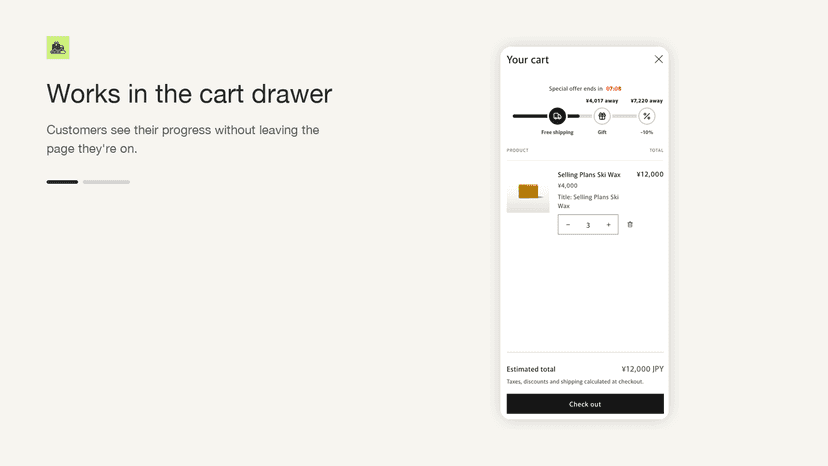 Free shipping and rewards progress bar inside the cart drawer