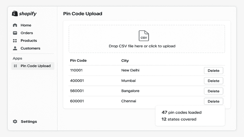 Pin code bulk upload and management interface