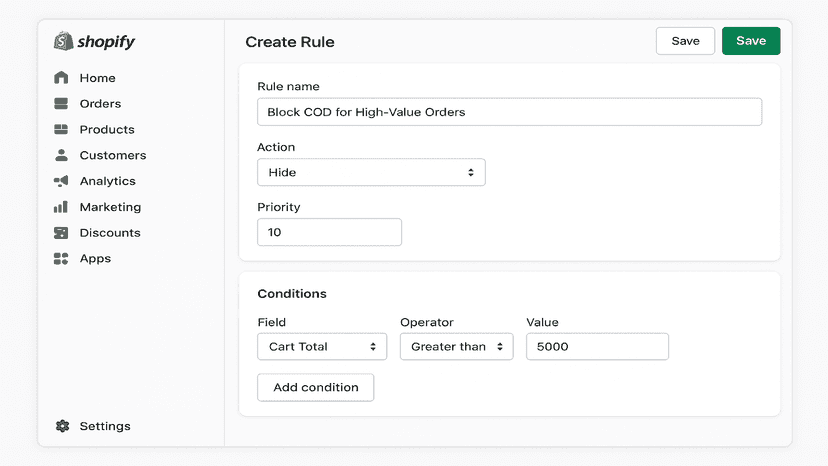 Rule creation form with condition builder
