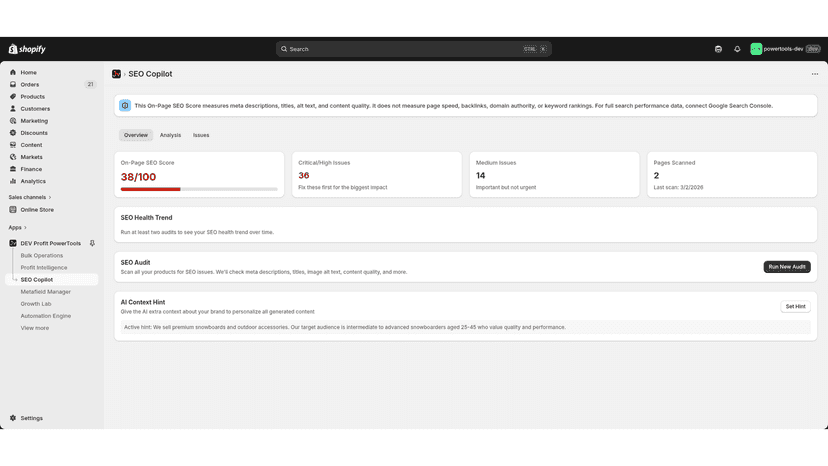 SEO Copilot scores your product listings, counts critical issues