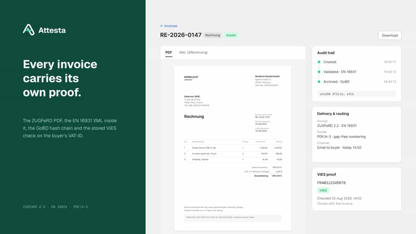 Invoice detail: ZUGFeRD PDF, audit trail and VIES proof