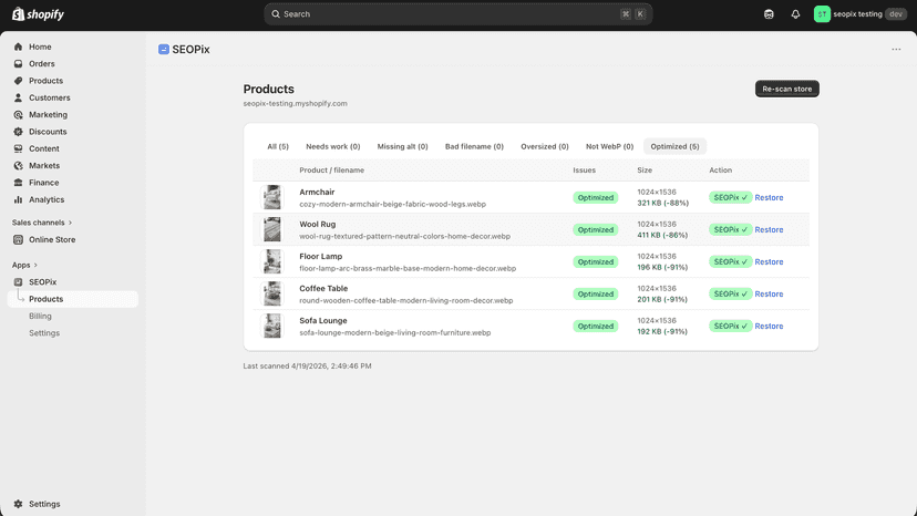Products page after optimization showing SEOPix-verified images