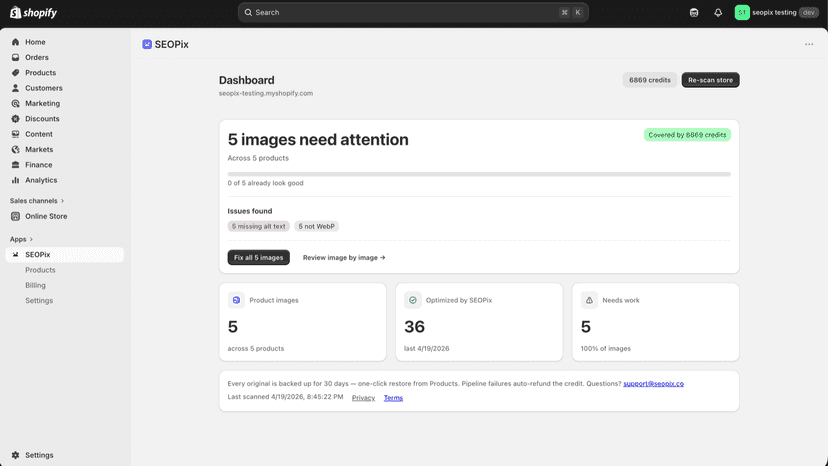 SEOPix dashboard showing 5 product images that need attention