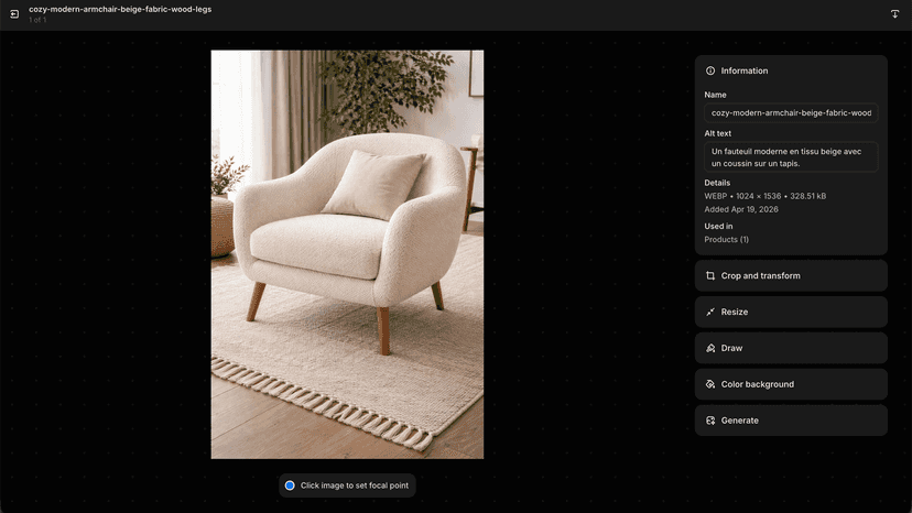 Shopify product image detail showing the AI-generated alt text w
