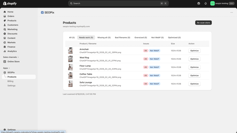 Products page listing five store images with missing alt text an