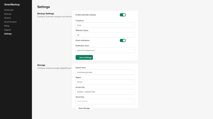 Backup schedule, notifications and storage settings panel