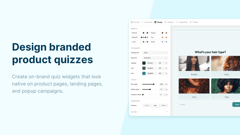 Branded quiz widget design for Shopify stores