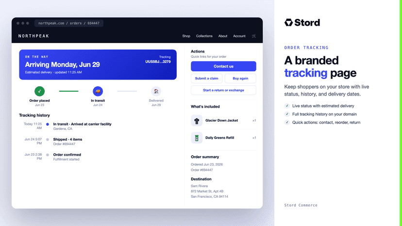 Branded order tracking page with live status and date