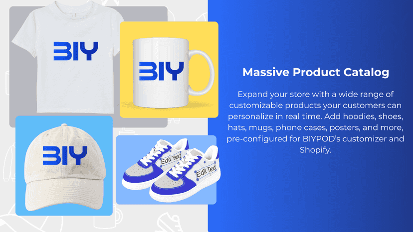 Wide range of customizable products including shirts,shoes,hats.