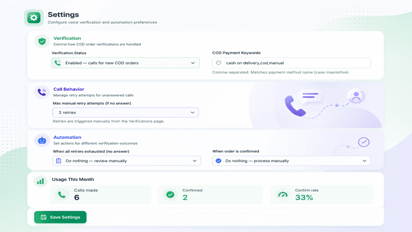 Settings page with verification config, automation rules.