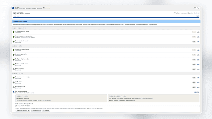 App dashboard showing 11 of 11 setup steps complete and live mod