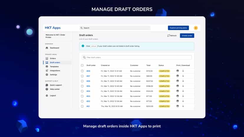 Manage draft orders in HKT Apps to print