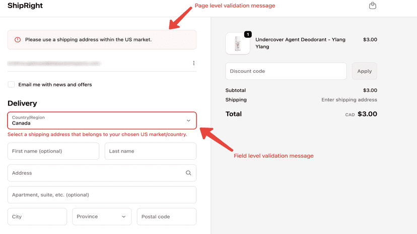 Checkout page validation alerts