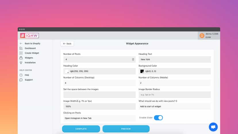 Widget appearance settings.