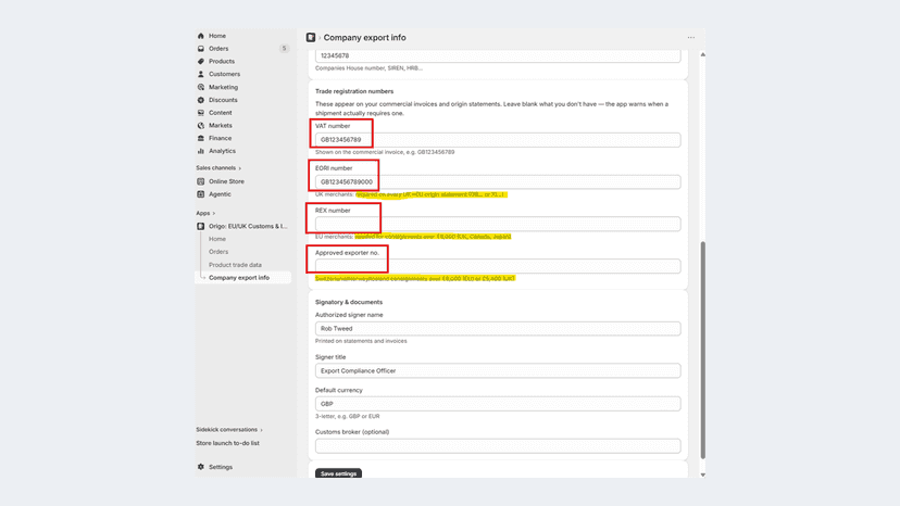 EORI, VAT and REX saved once, applied automatically