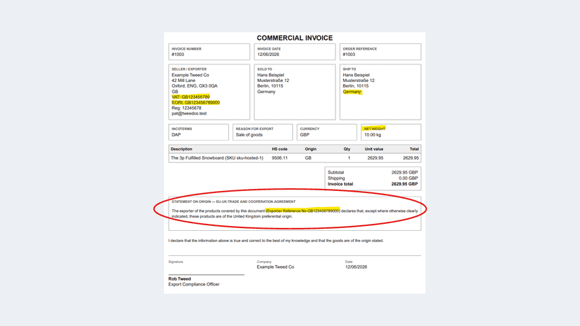 A4 commercial invoice with the origin statement included.