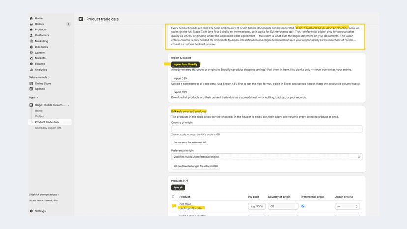 HS codes entered once via bulk edit, CSV, or Shopify import