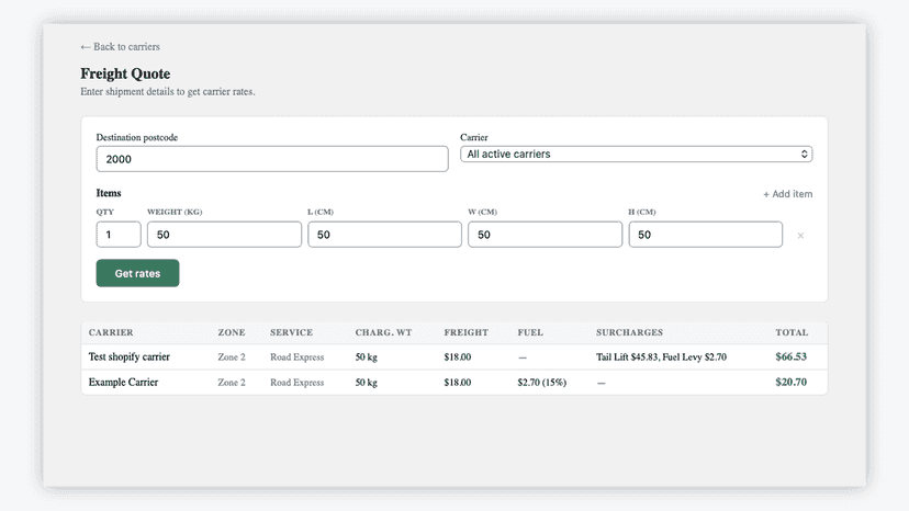 Freight quote results showing calculated rates by carrier
