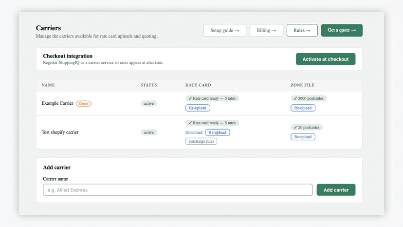 ShippingIQ carrier management with rate card status
