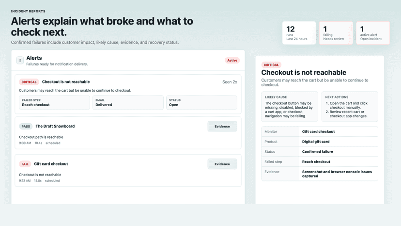 Alert report showing failed checkout evidence and next steps