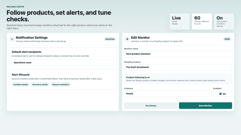 Notification settings and Shopify product-following monitor