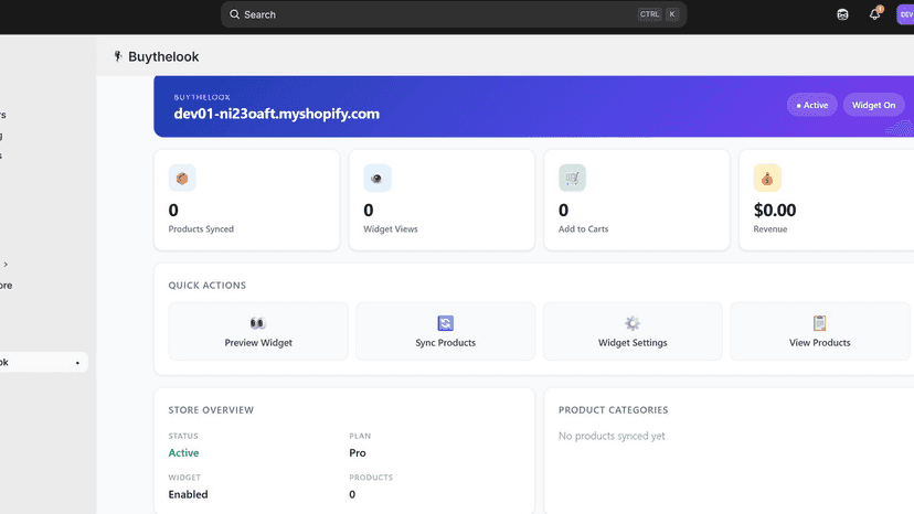 App dashboard with analytics and quick actions