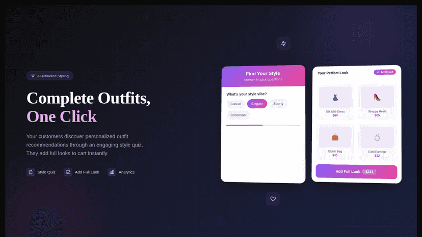 AI style quiz with outfit recommendations and Add Full Look btn