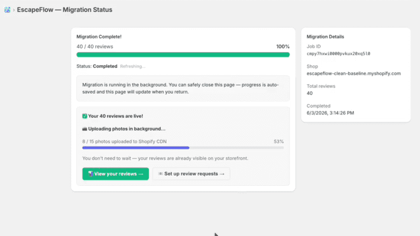 Dashboard showing completed text reviews and in-progress photos.