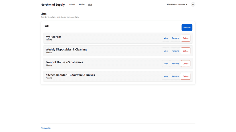 B2B buyer's saved product lists in their customer account