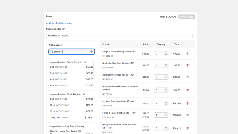 Sales rep managing a B2B company's list in the Shopify admin