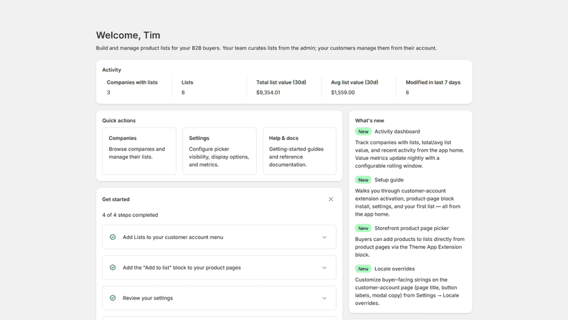 App home dashboard with setup guide and activity metrics