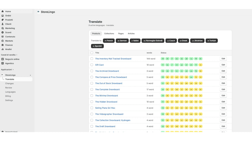Product list with per-language status badges