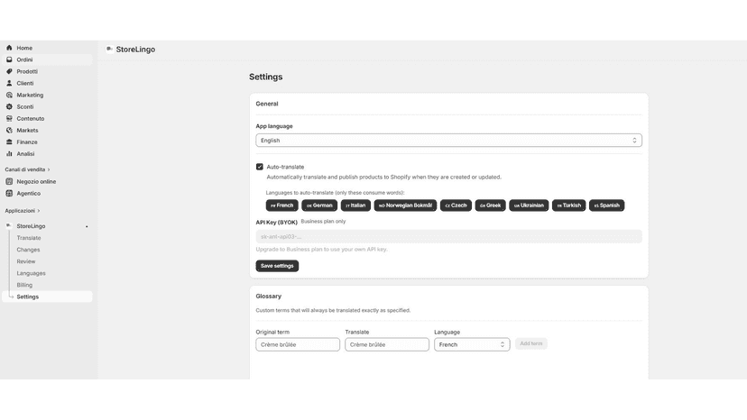 Auto-translate settings and custom glossary for branding names