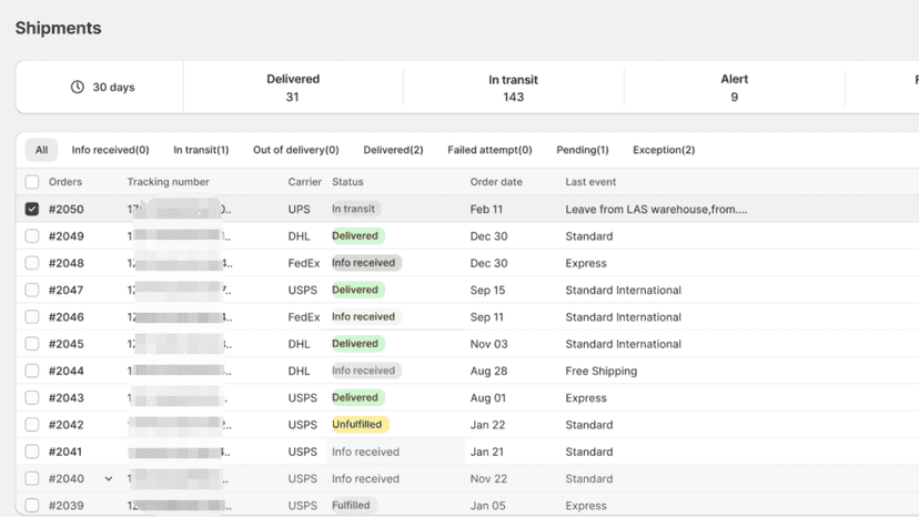 Main panel of order tracking