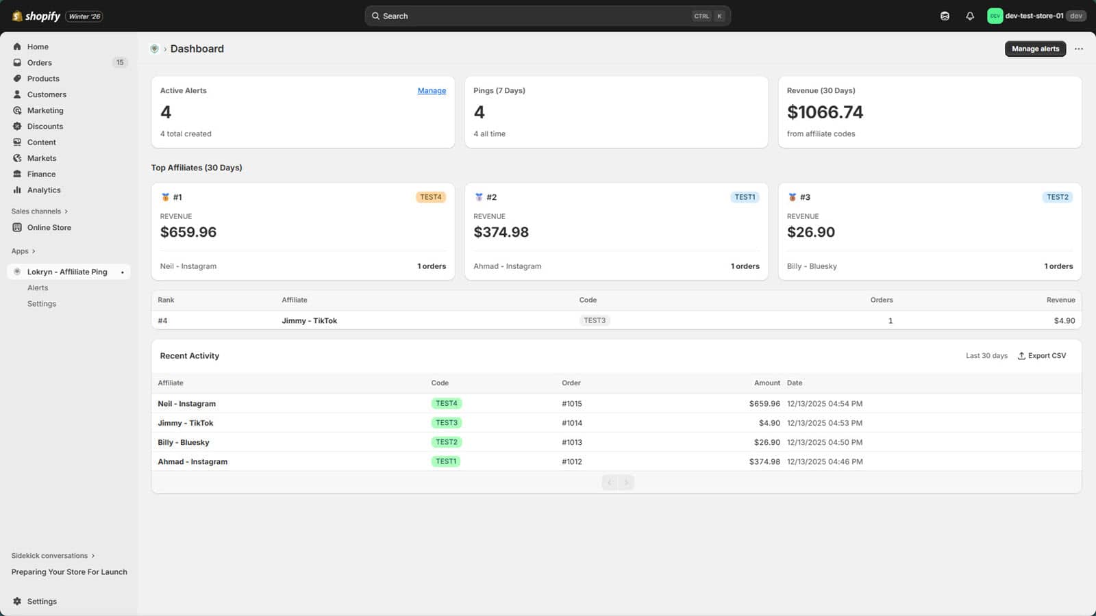 Affiliate Ping Main Dashboard