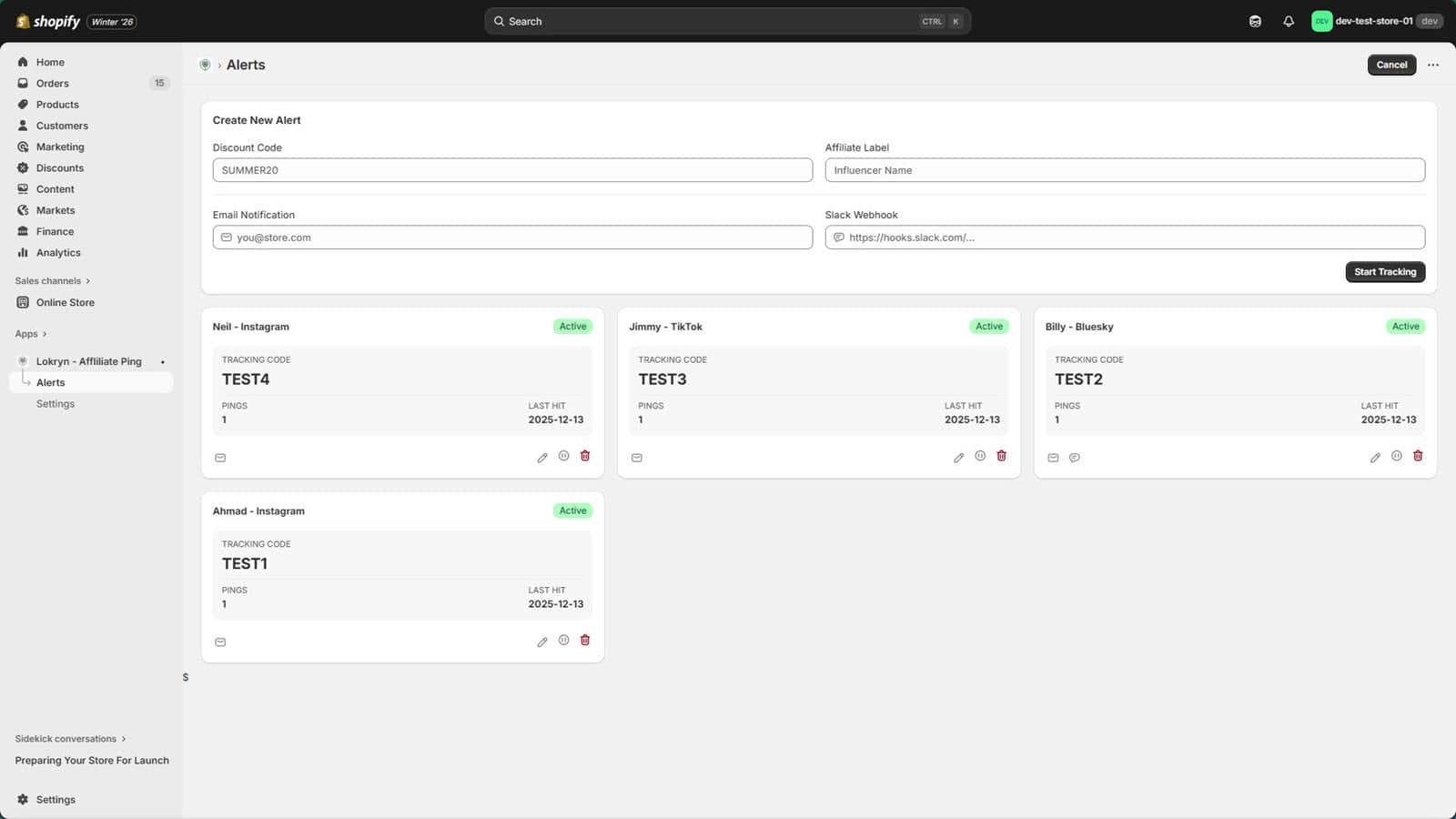 Affiliate Ping Current Alerts with Add Alert