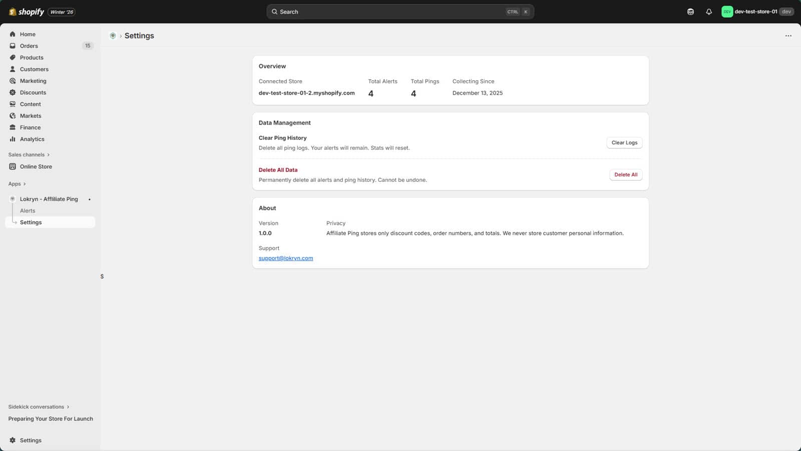 Affiliate Ping settings page