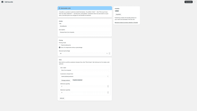 Admin bundle editor with slots, min-max rules and pricing