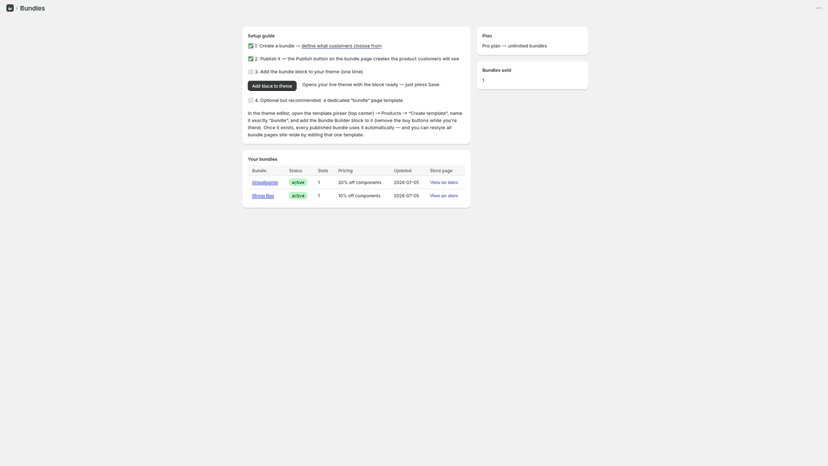Dashboard with setup guide, bundle list and bundles sold