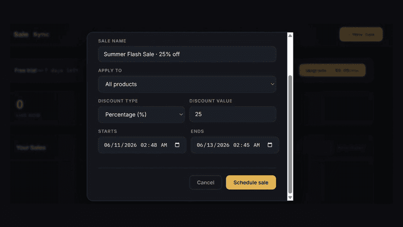 Form to schedule a 25% off sale with start and end times