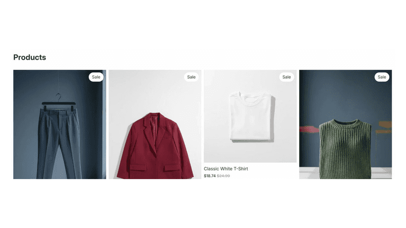 Storefront products with Sale badges and discounted prices
