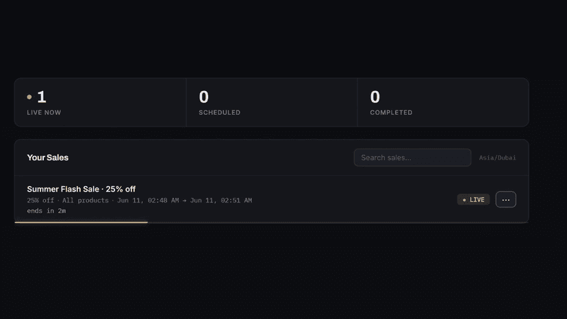 SaleSync dashboard with a live 25% off sale and countdown