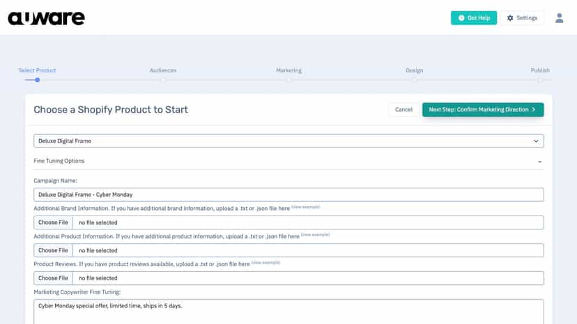 Auware AI Landing Page Builder - Create New Campaign